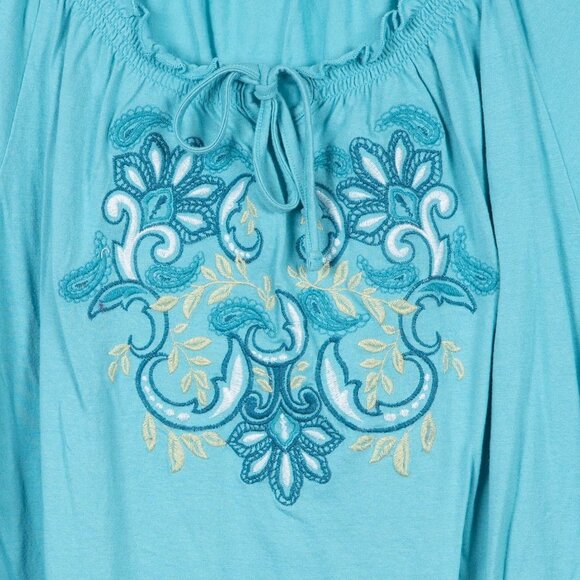 Croft & Barrow Peasant Blouse L Women Blue Embroidered Shirt Cotton Short Sleeve - Picture 3 of 6
